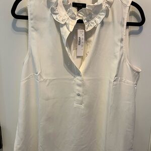 NWT J Crew White Ruffle Neck White Sleeveless Blouse Size L